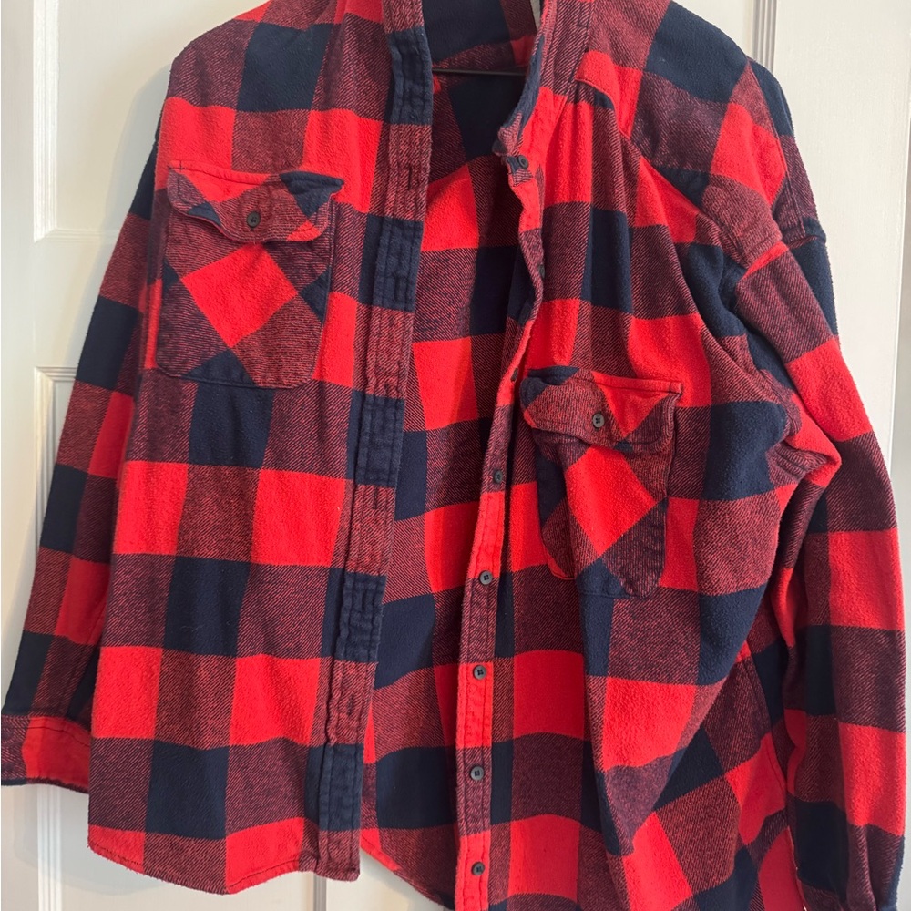 aerie Red and Navy Plaid Button-Up Shirt